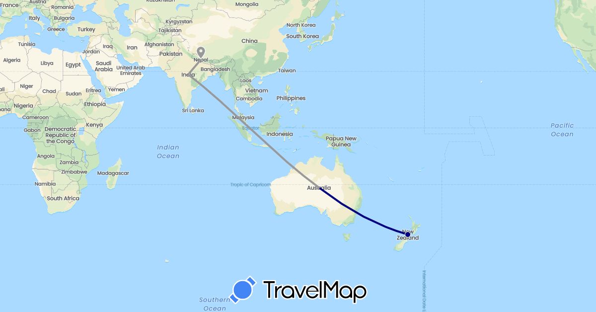 TravelMap itinerary: driving, plane in Australia, India, Nepal, New Zealand (Asia, Oceania)